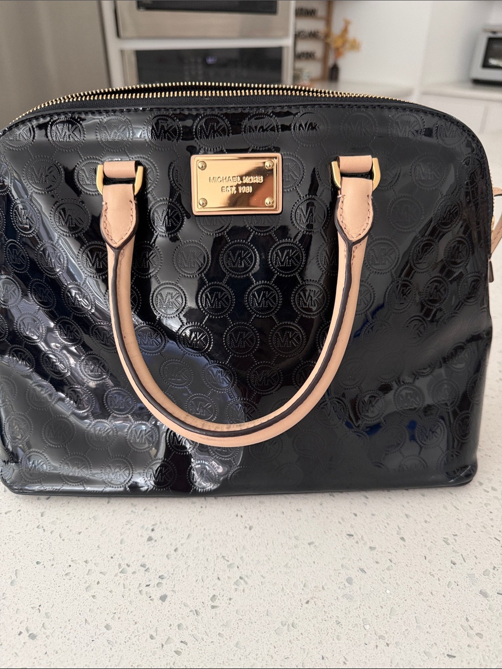 Michael Kors Black Patent Satchel with Nude Trim and Gold Plate